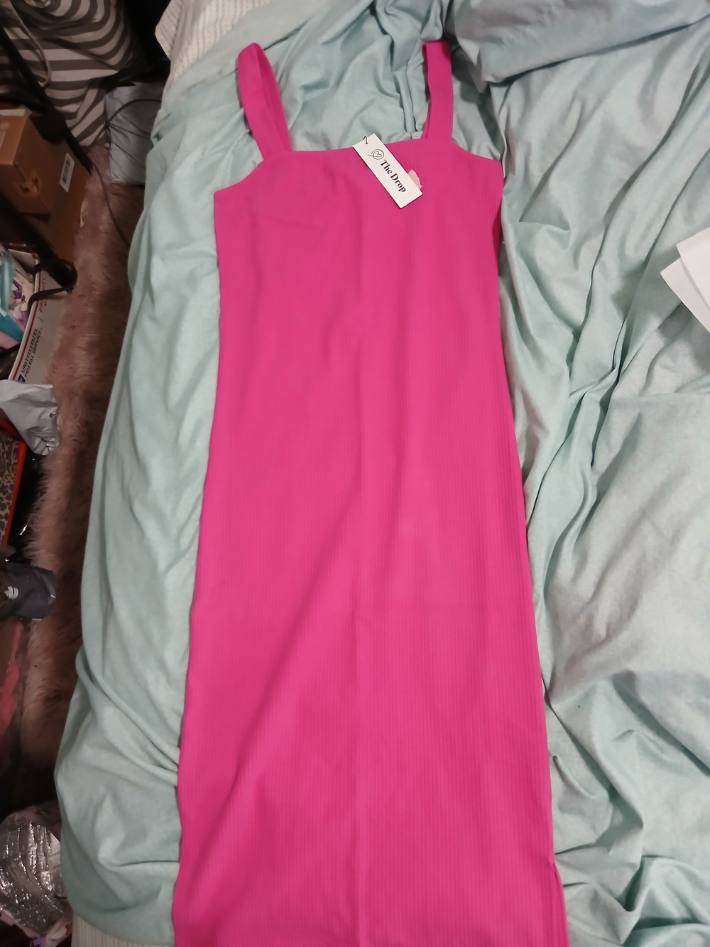 Nwt Square-Neck Ribbed Midi Dress in Hot Pink